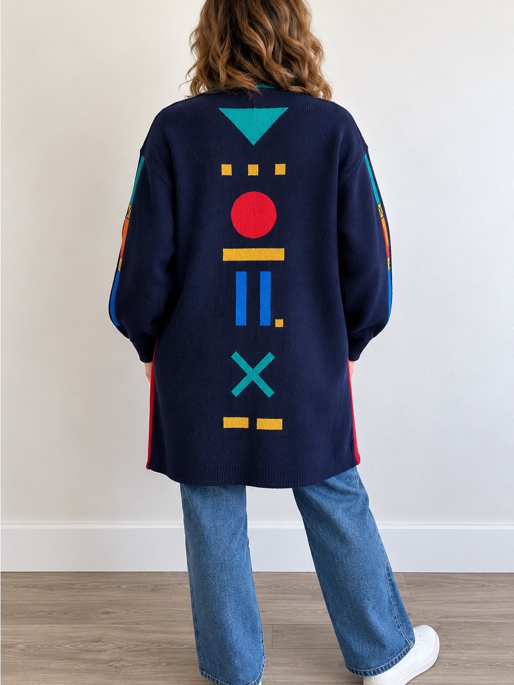 Vintage KRISS Sweden Geometric Colorblock Cotton Blend Long Cardigan Small